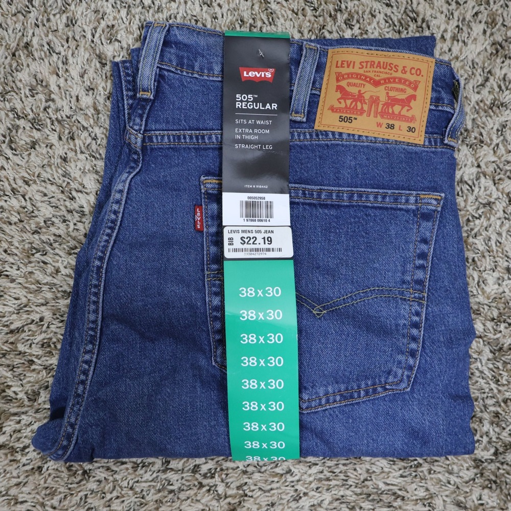 Levi's 505 Regular Fit Straight Leg Jeans 38x30 Classic Denim Medium Wash NWT